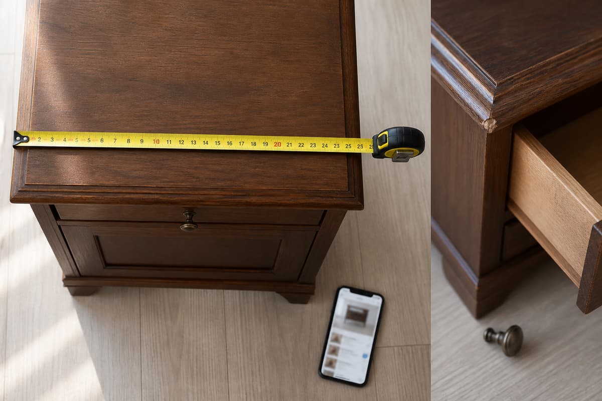 Vue de dessus d’un meuble en bois avec un mètre ruban, un smartphone posé à proximité affichant une interface floue, et un détail de pièce démontée.