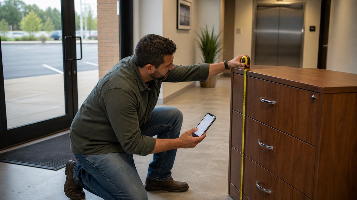 Une personne mesure un meuble de bureau volumineux avec un mètre ruban à l’entrée d’un immeuble, devant un ascenseur et une zone de stationnement vide, tout en consultant son téléphone.